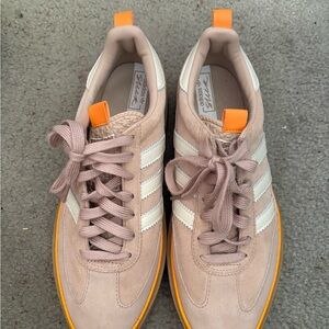 Adidas Tan Sneakers with Bright Orange Highlights